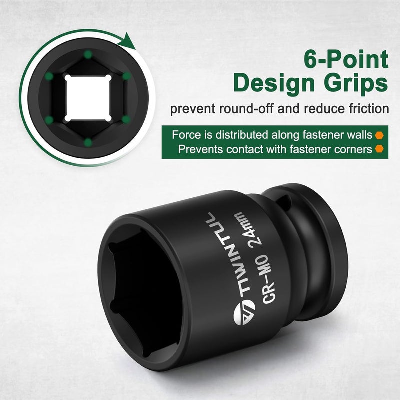 TIWINTUL 24mm Impact Socket 1/2 Inch Drive, Heat-Treated Chromium-Molybdenum Steel Impact Socket, 6 Point Design, ANSI Standards, Metric, Axle Nut Socket for Automotive and Machinery Maintenance - Image 4